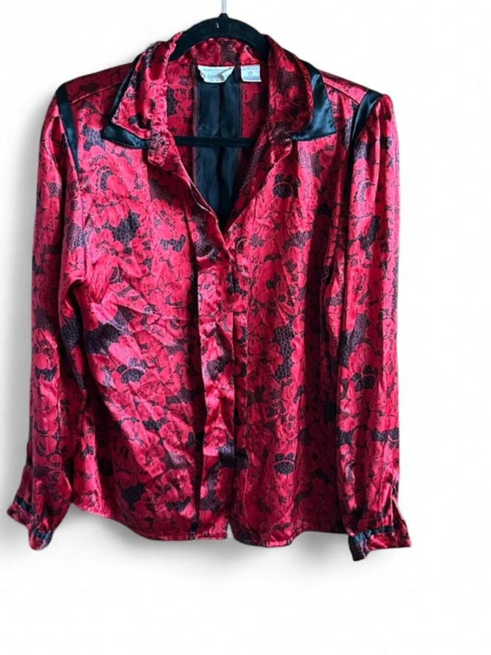 Vintage 80s Silverlake Red Back Floral Button Down Satin Polyester Shirt Size 16